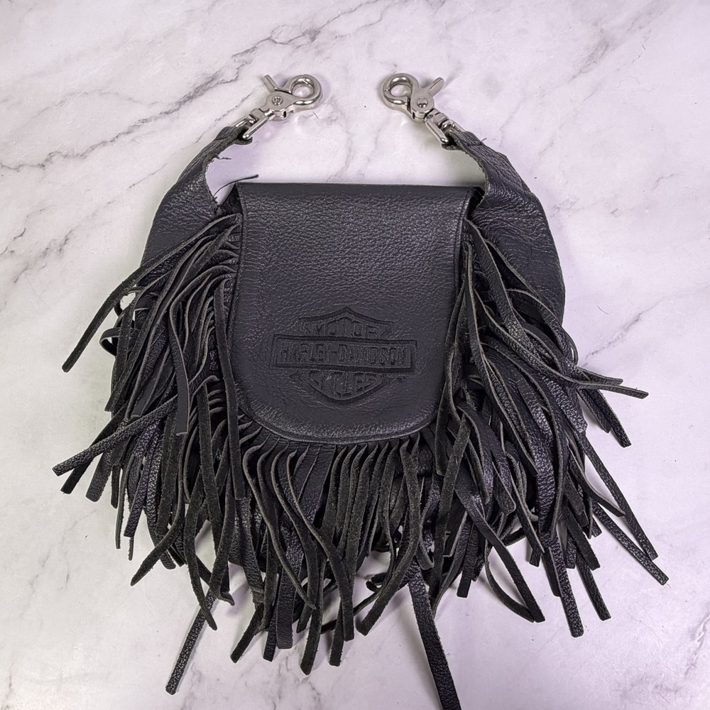 Vintage Harley Davidson Leather Fringe Hip Bag Purse Black Shoulder Bag No Strap - Picture 9 of 15